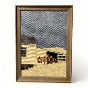 Vintage Framed Long Stitch Needlepoint Yarn Art Rustic Barn Farm House Scene 70s